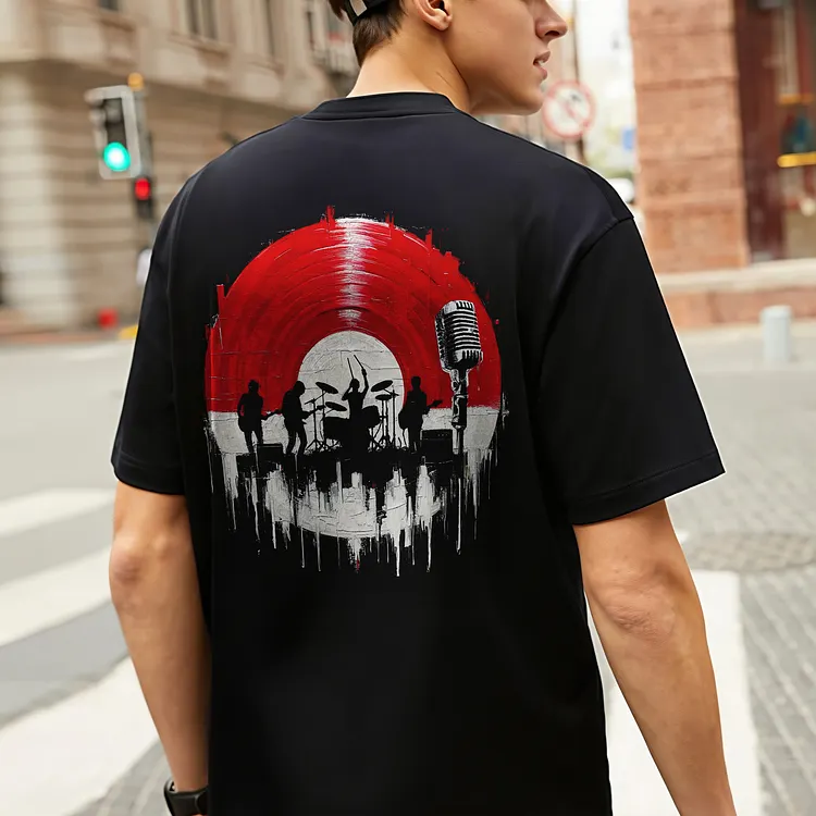 Red Vinyl Record Band Silhouette Vintage Microphone Printed Men's T-shirt
