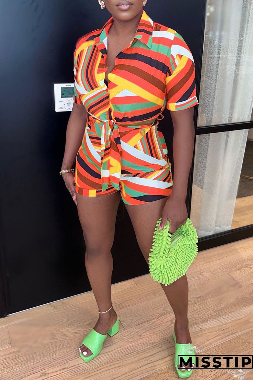 Blue Casual Print Patchwork Turndown Collar Short Sleeve Two Pieces