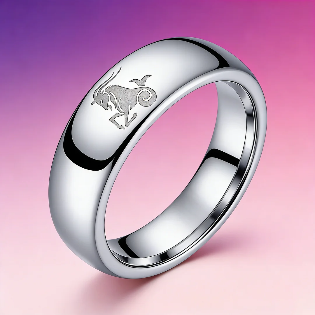4MM 6MM 8MM Width Sliver Capricorn Tungsten Carbide Rings Prints Laser Design Domed Top Tungsten Wedding Bands