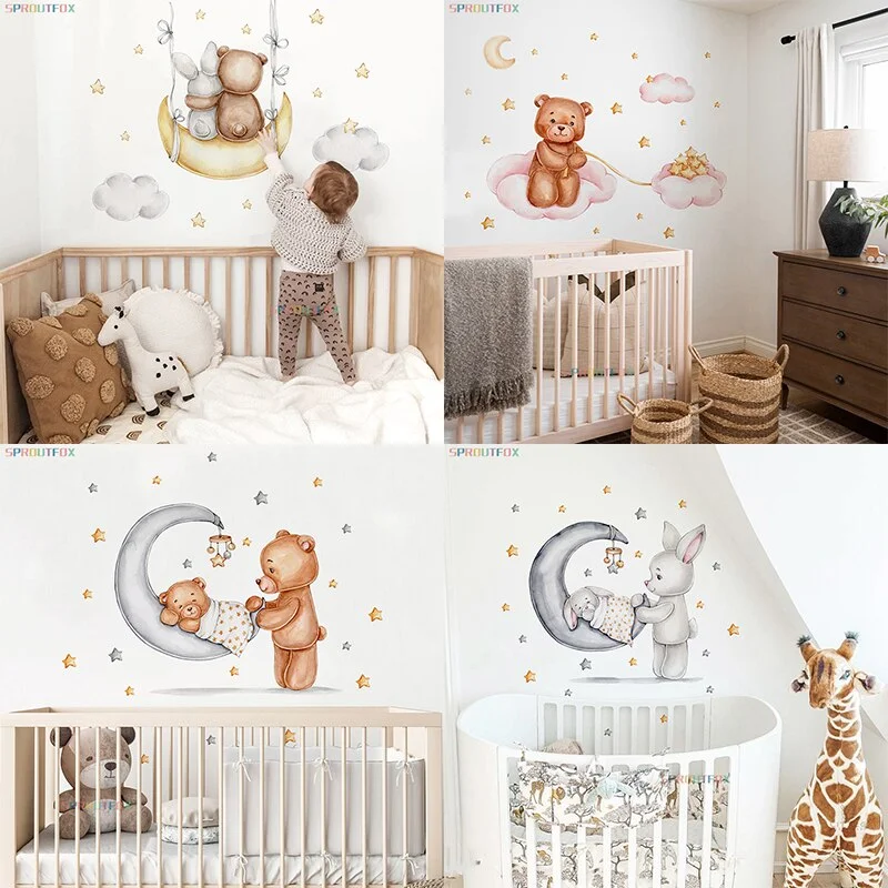 Rabbit Wall Stickers For Children's Room Decorative Vinyl Bear Wall Stickers For Kids Rooms Animal Pattern Wall Stickers Child