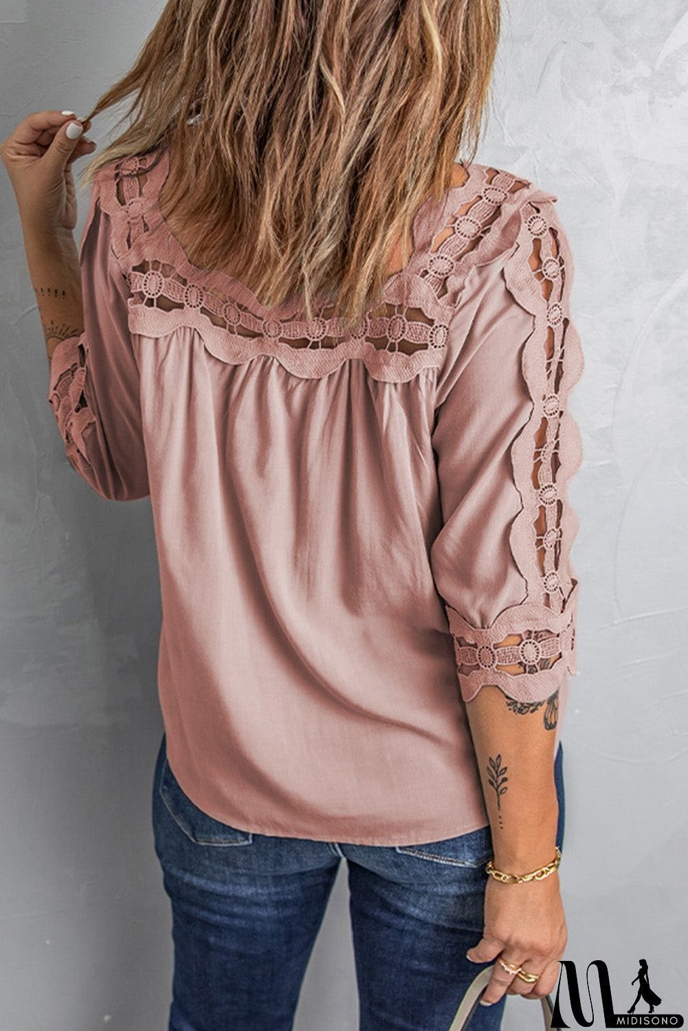 MidiSono - Pink Half Sleeve Crochet Trim Blouse