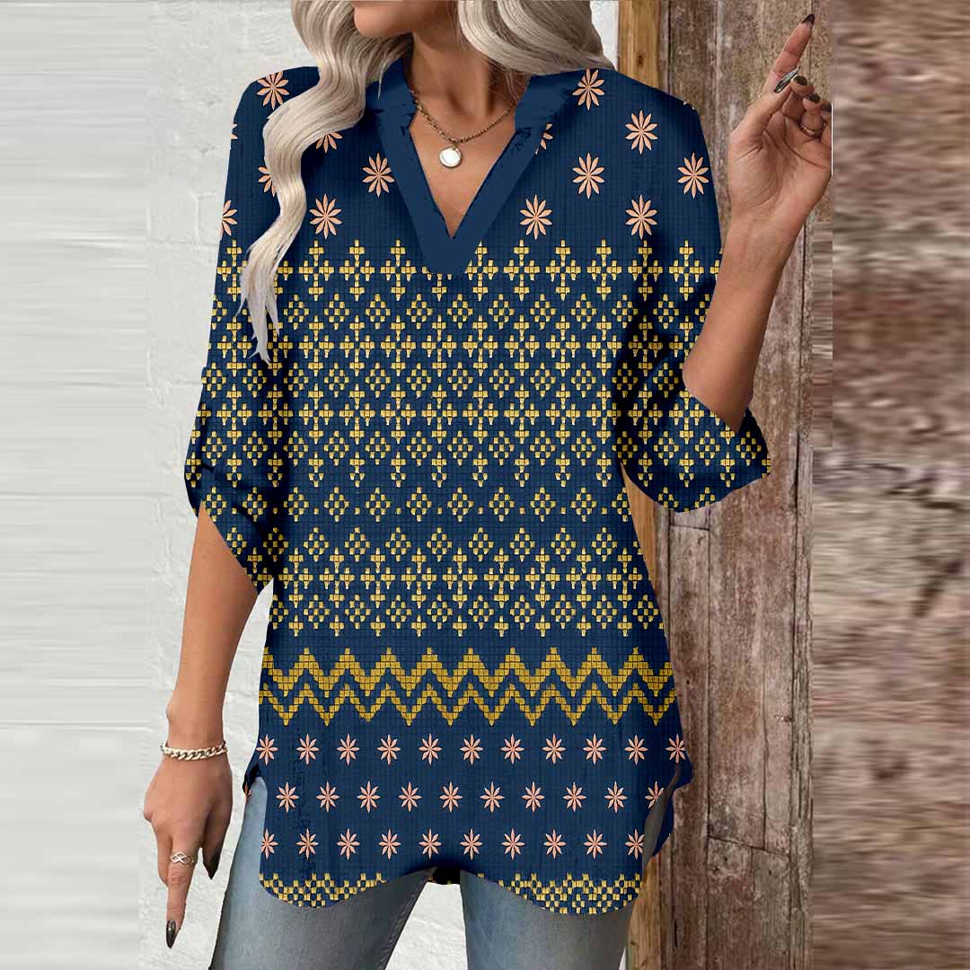 Women Retro Black, Gold DZGA0328 3/4 Sleeve V-neck Printed Graphic Button Tops