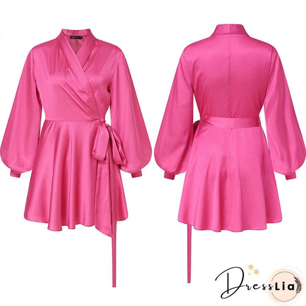 Autumn Women Lantern Long Sleeve Mini Dress Neck Party Casual Swing Wrap Line Plus Size