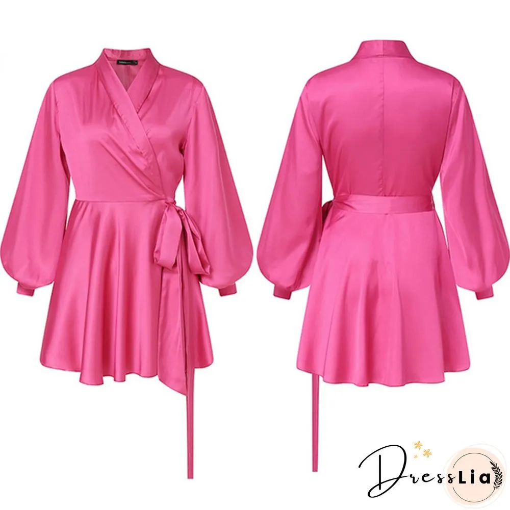Autumn Women Lantern Long Sleeve Mini Dress Neck Party Casual Swing Wrap Line Plus Size