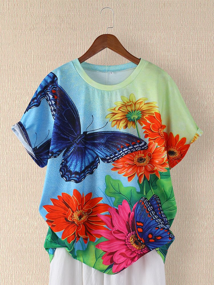 Butterfly Floral Printed O neck Short Sleeve T shirt P1716855