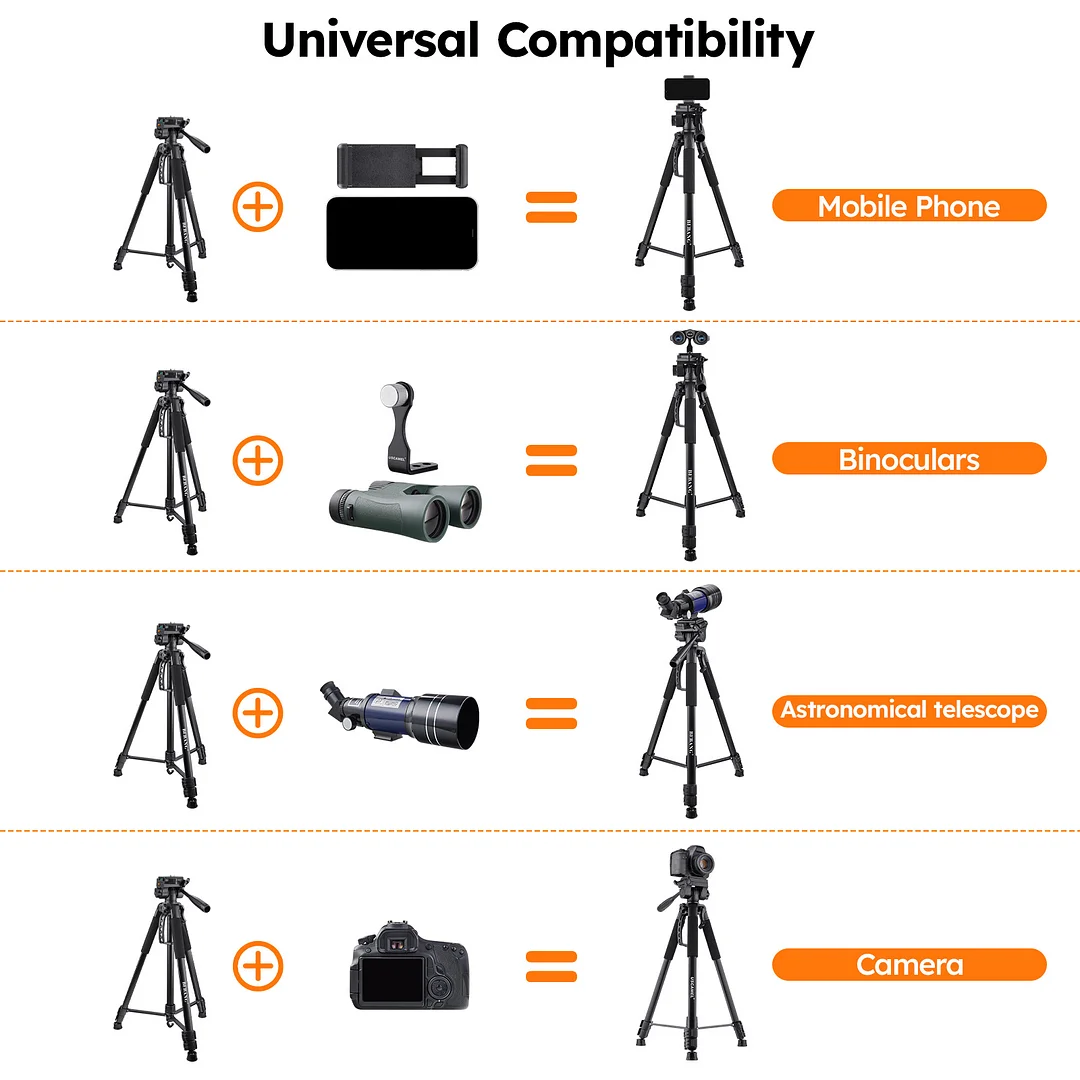 BEBANG 67" Camera Tripod, Portable and Flexible Tripod with Clip and Adapter, Porfessional Aluminum Tripod Stand for Mirrorless/DSLR/Phone/Camcorder/Spotting Scopes/Binoculars/Telescope