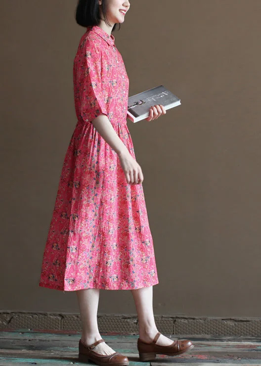 Handmade Red Drawstring Peter Pan Collar Print Linen Shirt Dress Half Sleeve