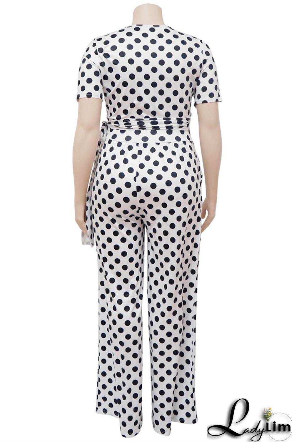 White Fashion Casual Dot Print Bandage O Neck Plus Size Two Pieces