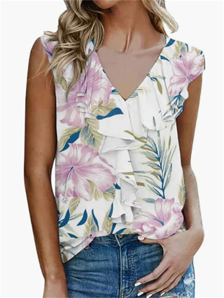 Summer New Women's Printed Wood Ear Trim Top T-shirt Undershirt S M L XL 2XL