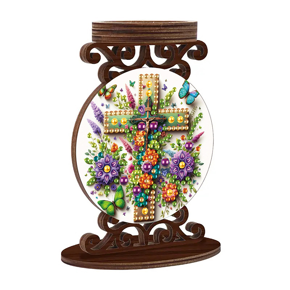 Wooden Diamond Painting Candle Holder Rhinestone Candlestick Decor (Cross C)