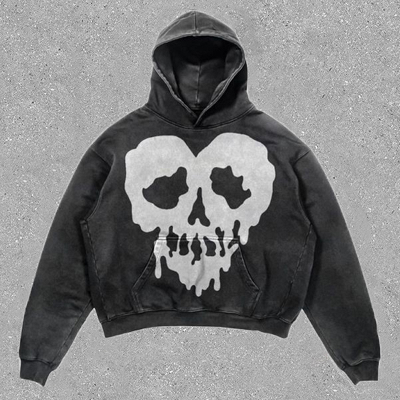 Relaxed Vintage Sadly Heart Skull Graphic Casual Street Washed Hoodie