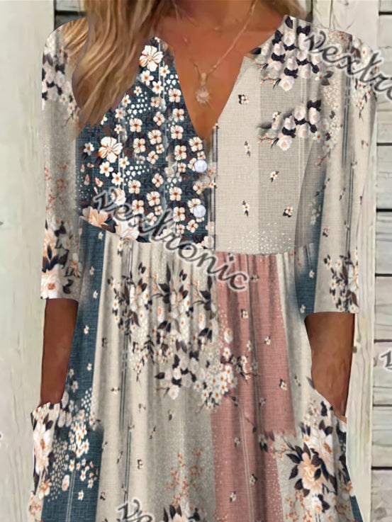 Women Half Sleeve V-neck Solid Color Dress