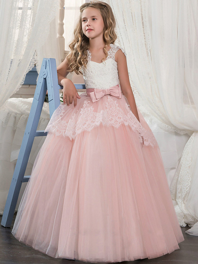 Dresseswow Sleeveless Square Neck Floor Length Flower Girl Dress Lace Tulle With Bow Splicing