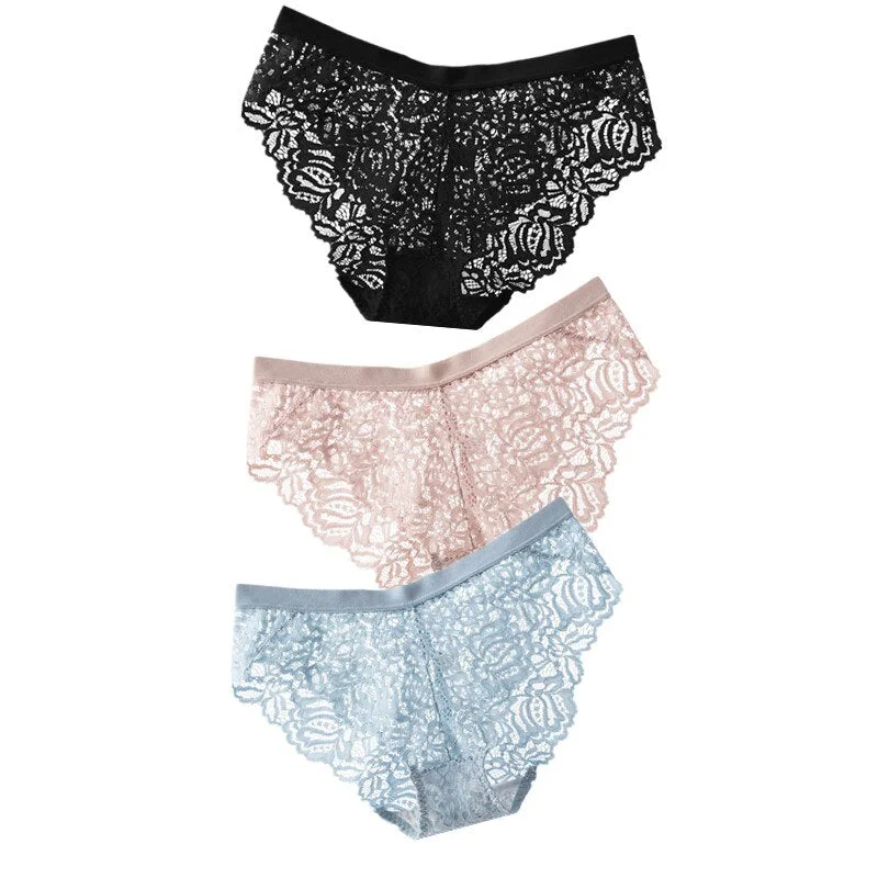 3PCS Sexy Lace Panties Soft Breathable Briefs Women Underwear Ladies Panty Transparent Low-Rise Underpants Lingerie Intimates XL