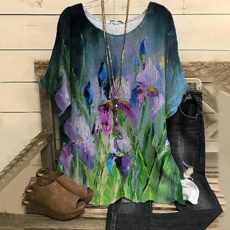 Floral Oil Painting Iris Print Casual T-Shirt