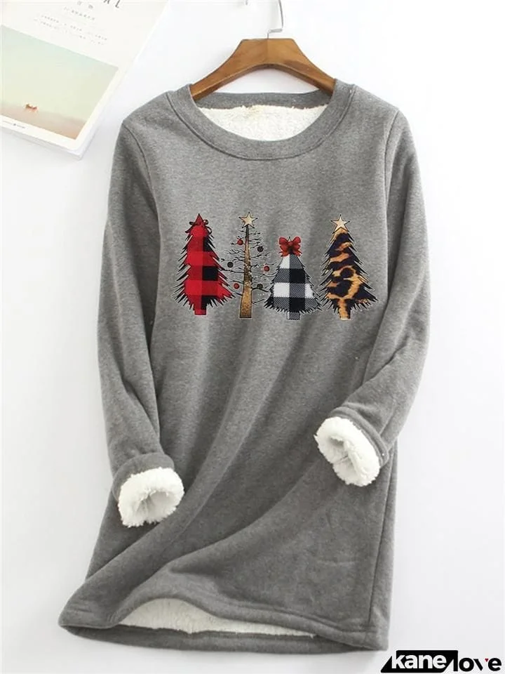 Women's Christmas Tree Print Long Sleeve Thick Sweatshirt