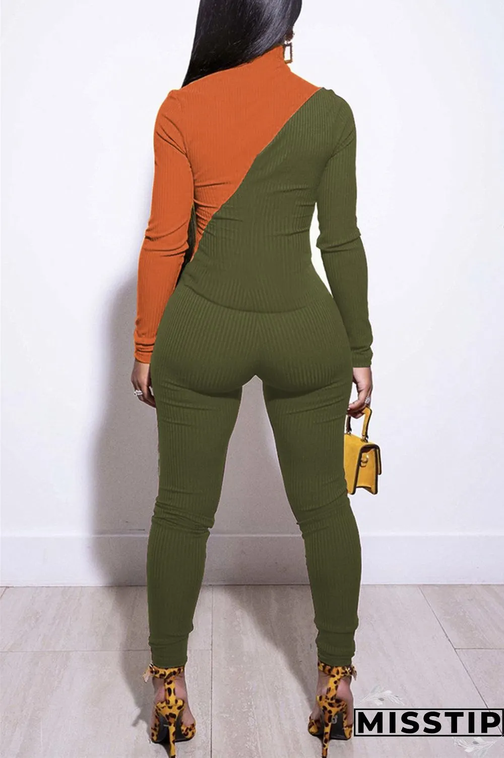 Orange Sexy contrast color pencil Long Sleeve Two Pieces