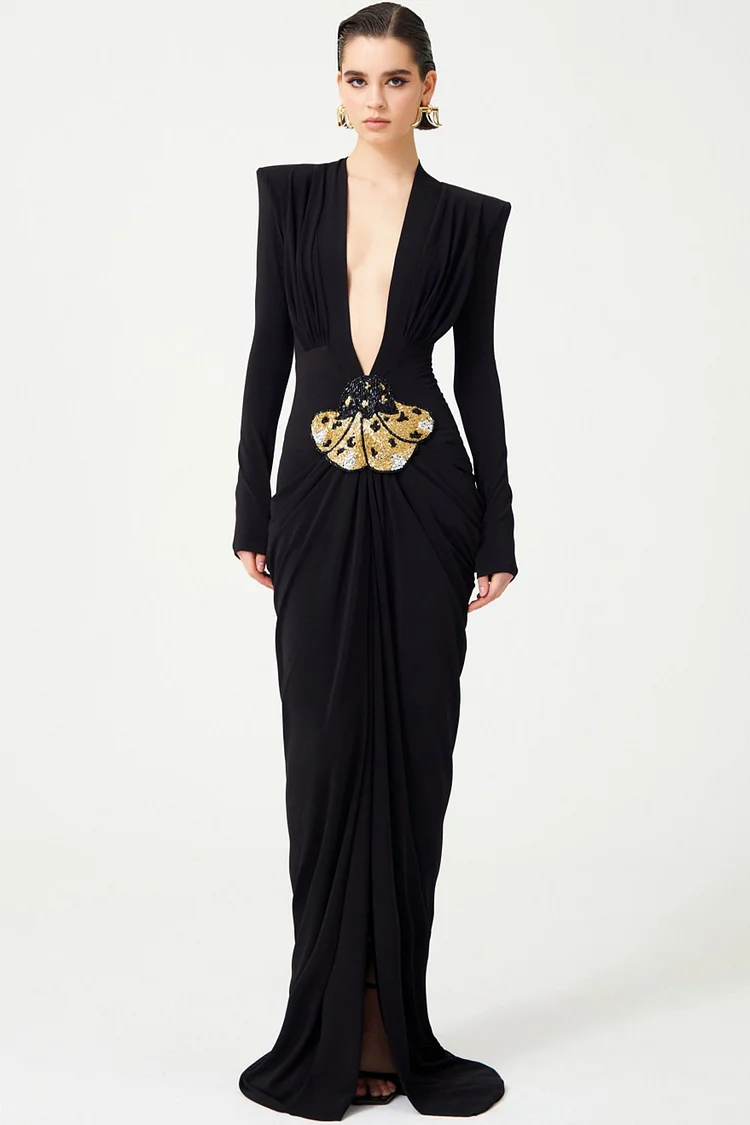 Deep V Neck Sequin Embroidery Embellished Slit Maxi Dress-Black