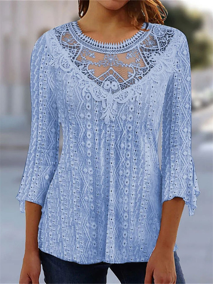 Women's Solid Color Comfortable Casual Skeleton See-through Lace Splicing Seven-quarter Sleeve Round Neck Blouse