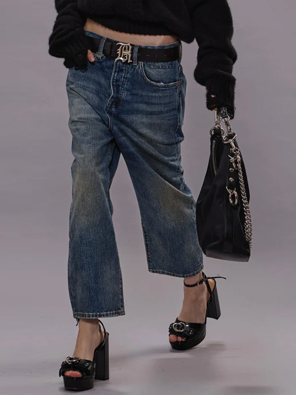Solid Color Slightly Dropped Crotch Jeans hjn Shicloths