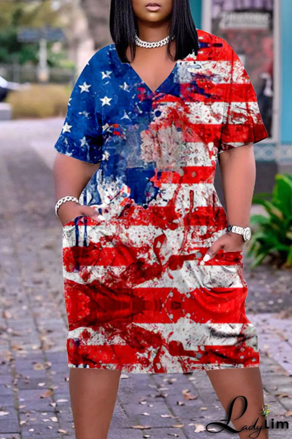 Deep Blue Casual Print Patchwork V Neck Dresses