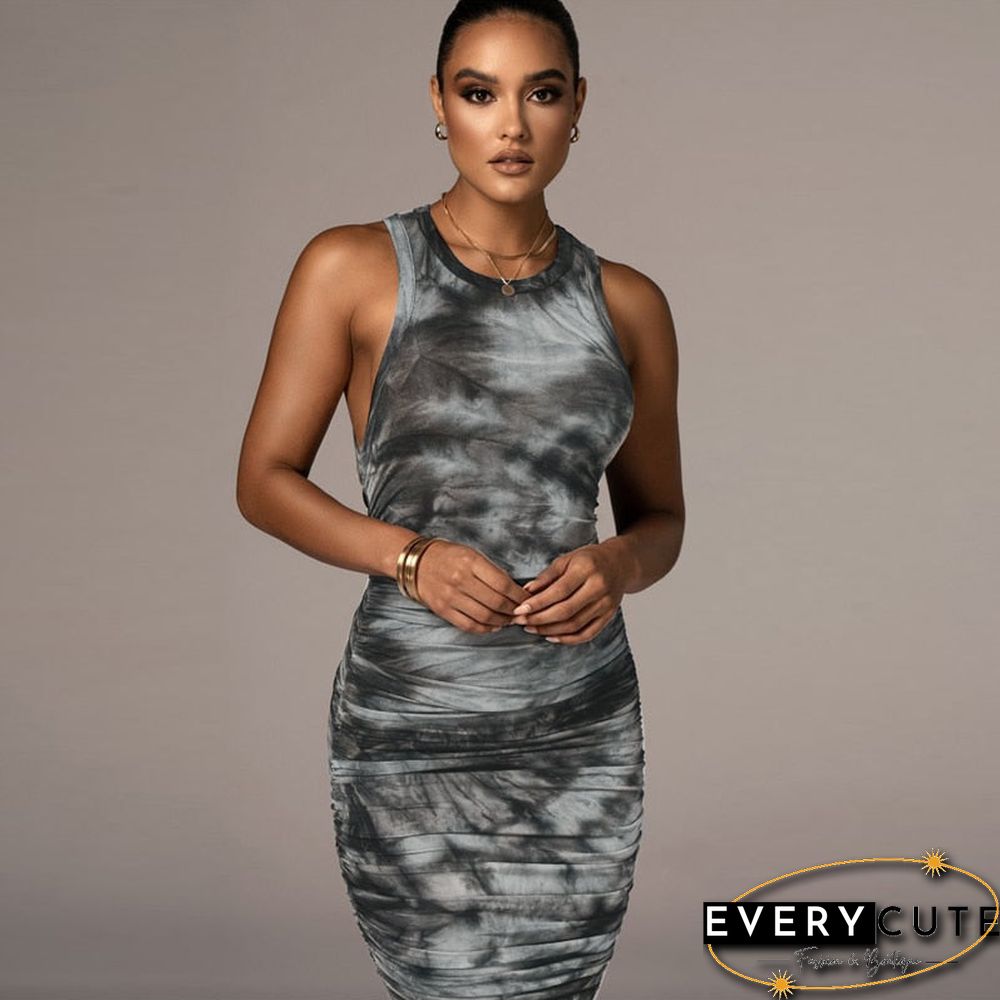 Women Autumn Summer Sleeveless Printed Bodycon Slim Package Hip Dress Female Clothing Streetwear Items