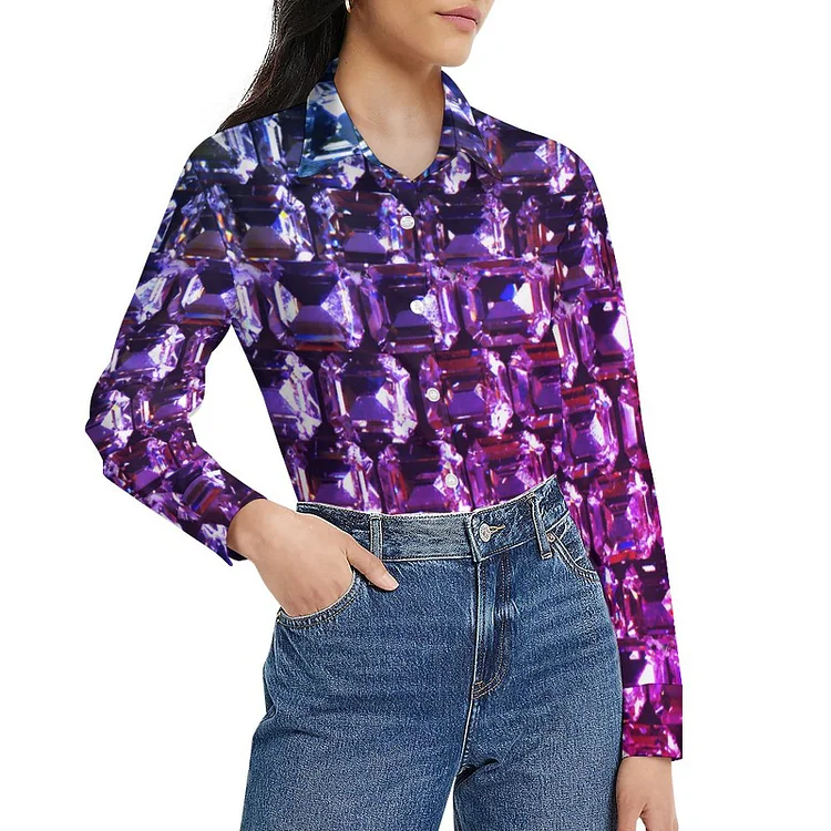 Purple Rhinestones Diamonds Jewelry Gemstones Women Button Down Shirt Classic Long Sleeve Collared Work Office Blouse - Heather Prints Shirts