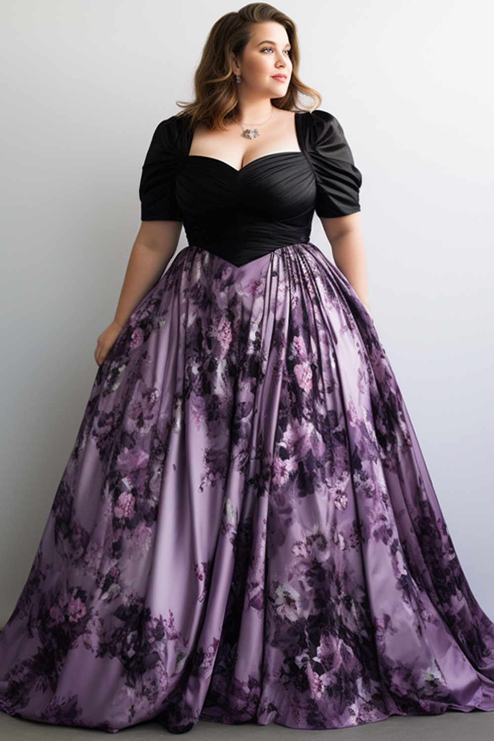 Flycurvy Plus Size Goth Purple Satin Floral Print Puff Sleeve Maxi Dress 2024 - Flycurvy 