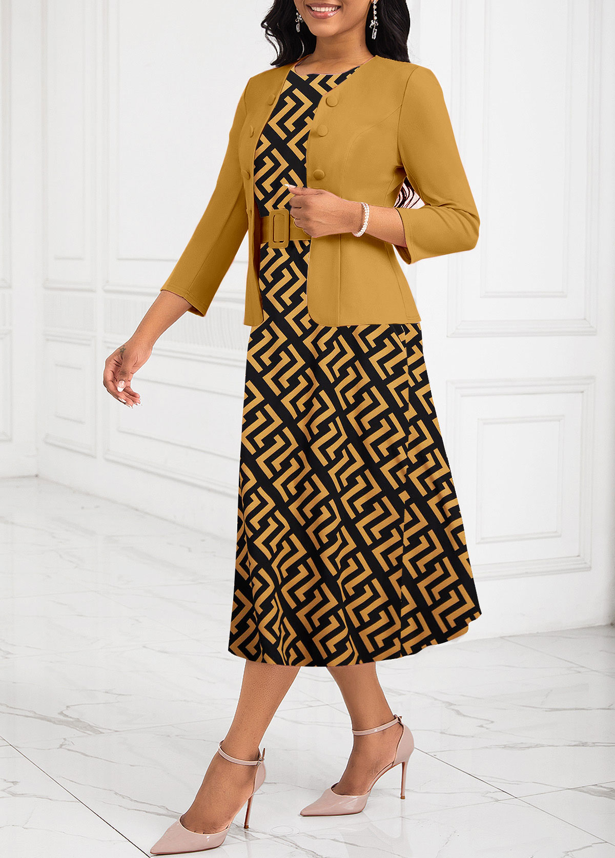 Geometric Print Two Piece Belted Ginger Round Neck Dress and Cardigan