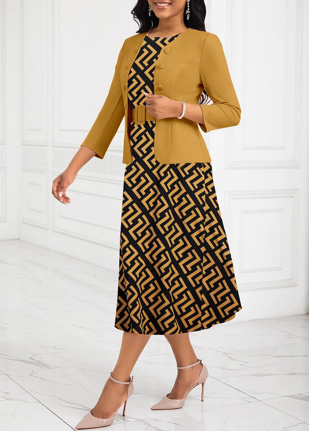 Geometric Print Two Piece Belted Ginger Round Neck Dress and Cardigan
