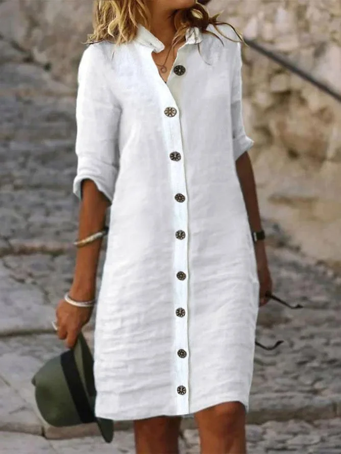 Cotton Linen Shirt Collar Half Sleeve Round Button Sheer Cardigan Dress