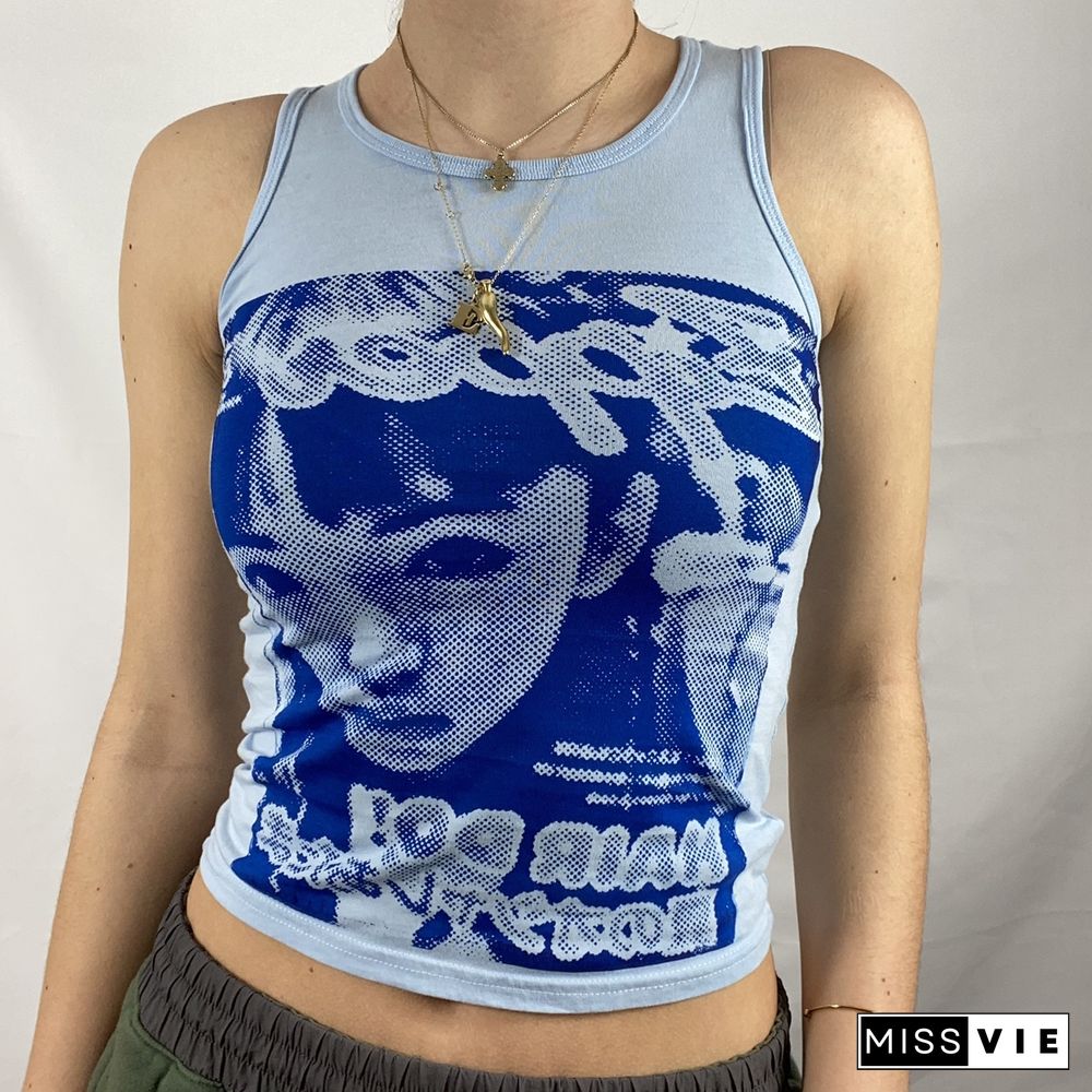 Women Trendy Portrait Letter Printed Tank Tops Summer Vest Female Round Neck Sleeveless Slim Fit Crop Tops