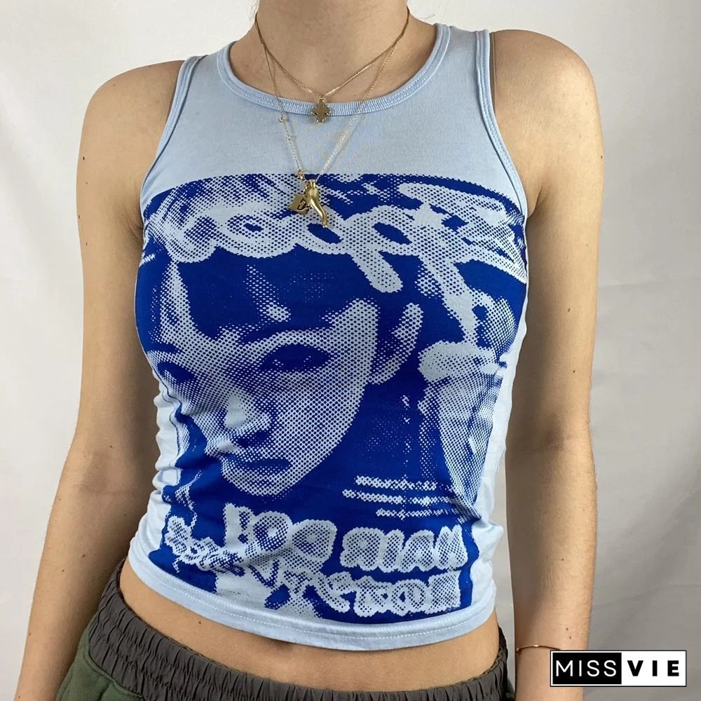 Women Trendy Portrait Letter Printed Tank Tops Summer Vest Female Round Neck Sleeveless Slim Fit Crop Tops