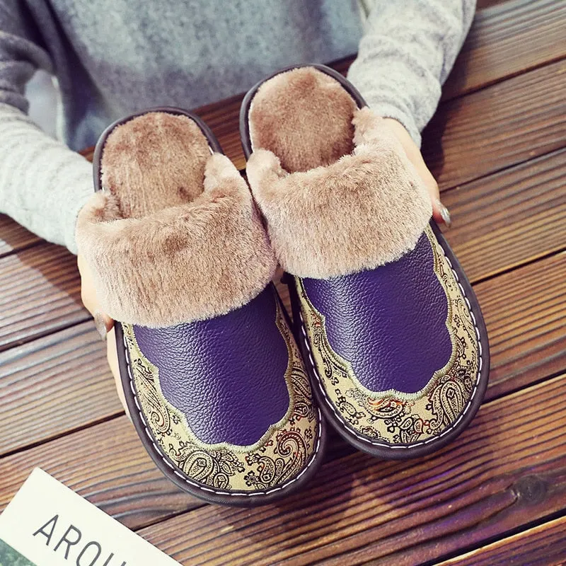 Waterproof Home Slippers Women Men Winter Warm Flat House Shoes Man Soft Comfort Female Shoes Leather Indoor Slippers