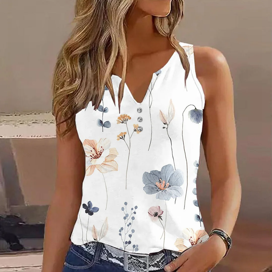 Wongn Wongn Summer 2024 New Women's Print T-Shirt Casual Sleeveless Sling Vest T-Shirt