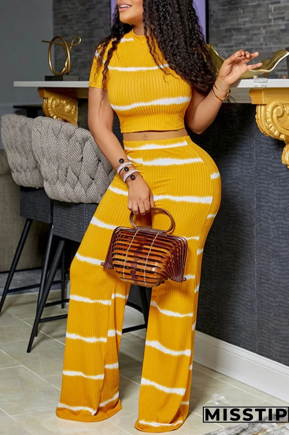 Black Casual Striped Print Basic O Neck Short Sleeve Two Pieces