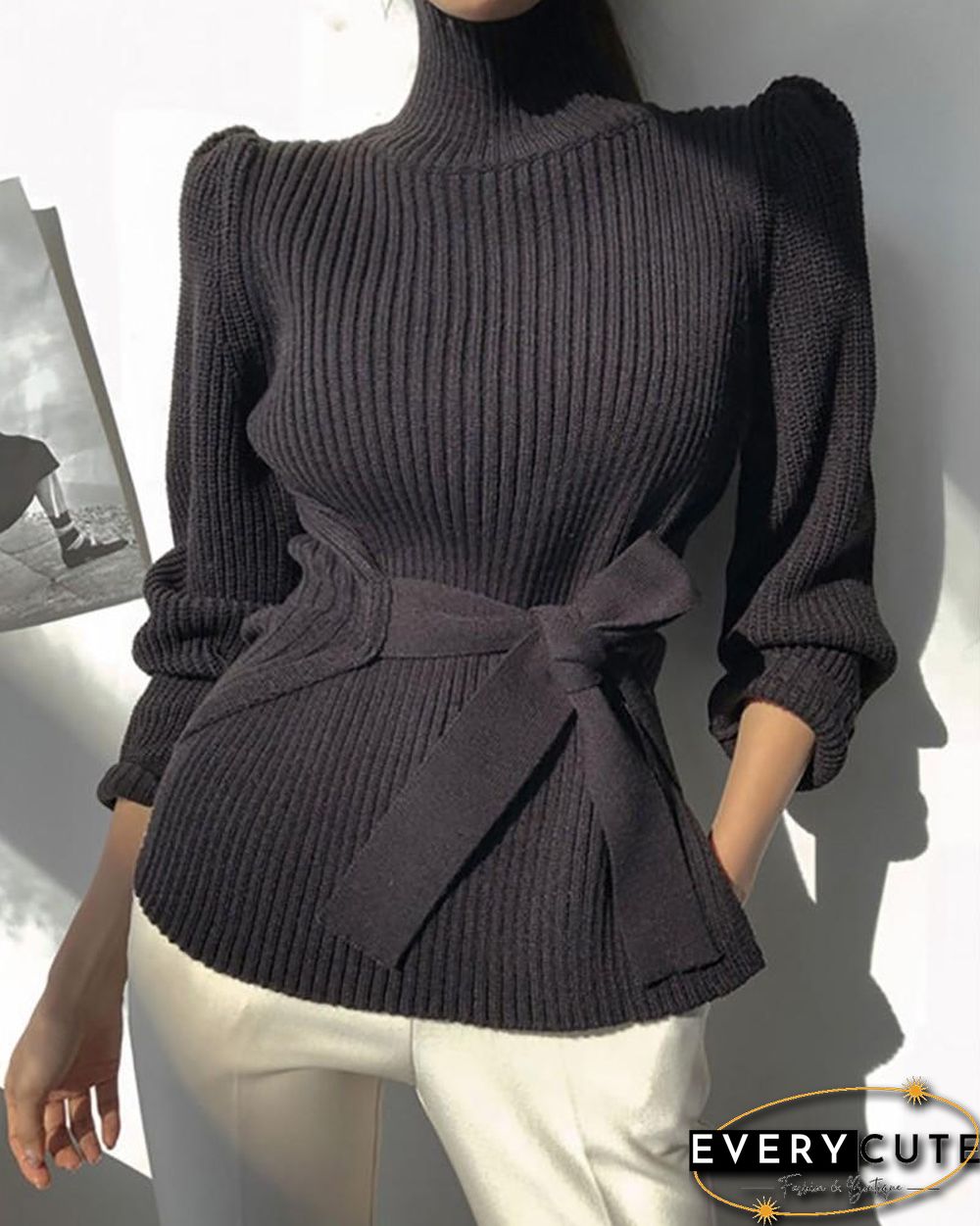 High Neck Puff Sleeve Tied Detail Sweater