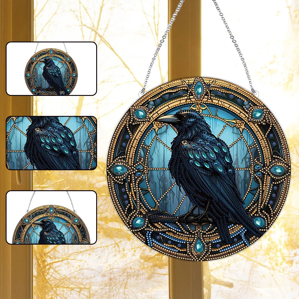 DIY Stained Glass Crow Acrylic Special Shaped Hanging Diamond Painting Art Pendant Suncatcher Home Windows Decor 