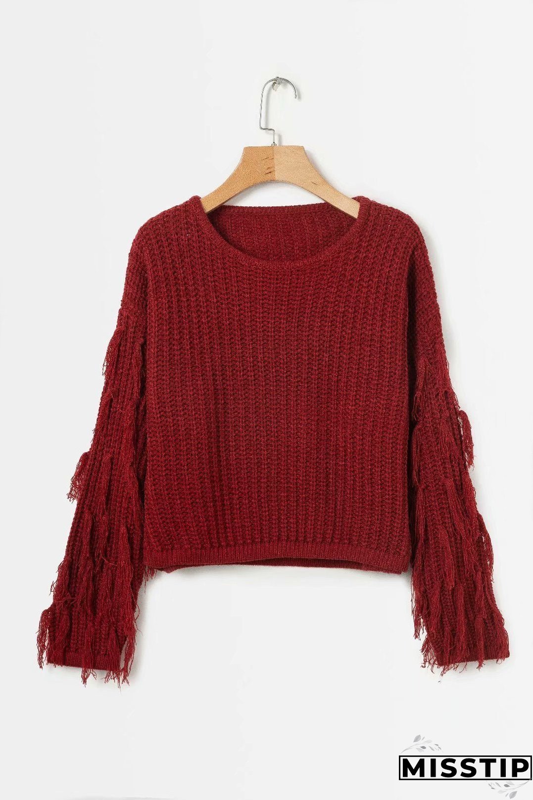 Solid Color Round Neck Long Sleeve Tassel Sweater