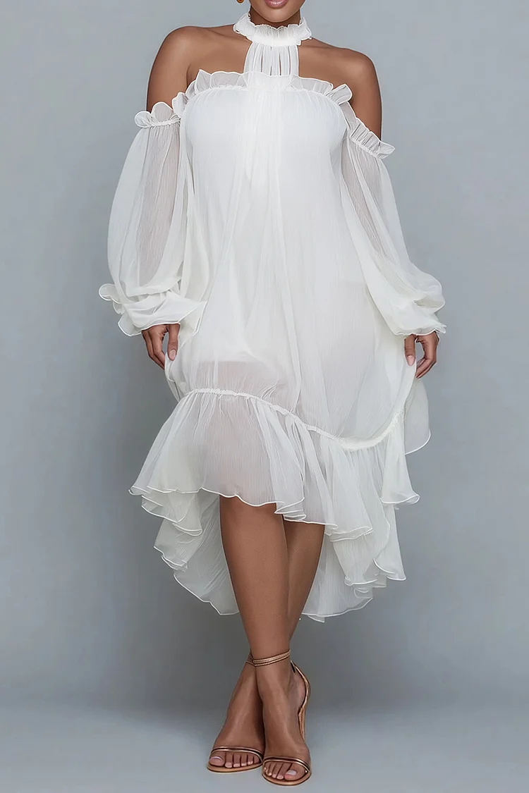 Xpluswear Design Plus Size Birthday White Halter Collar Cold Shoulder Long  Sleeve Ruffle Asymmetric Hem Irregular Hem Chiffon Midi Dresses -  Xpluswear.com