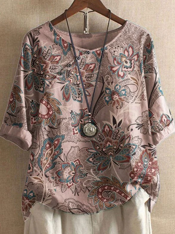 Women's Floral Print Round Neck Short Sleeve Slant Neck Top T-Shirt