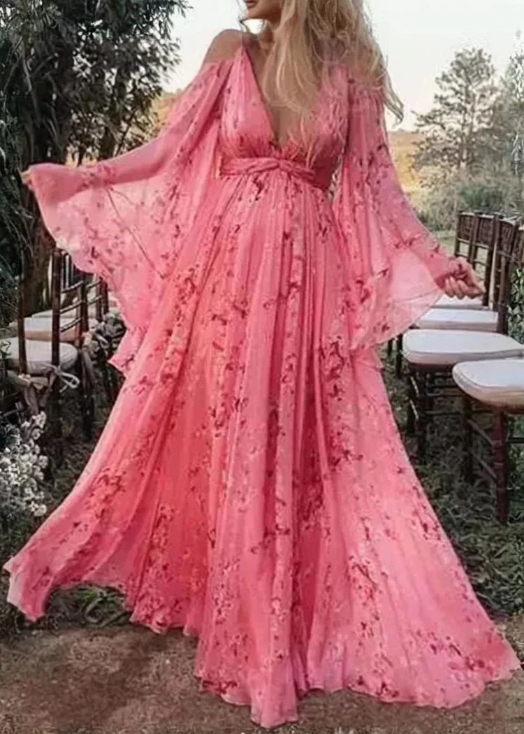 Loose Pink V Neck Wrinkled Print Chiffon Maxi Dresses Batwing Sleeve