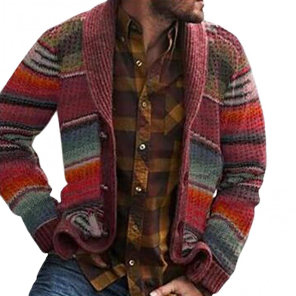 Men's Fashion Hooded Wool Striped Long Sleeve Loose Print Knit Cardigan Outerwear