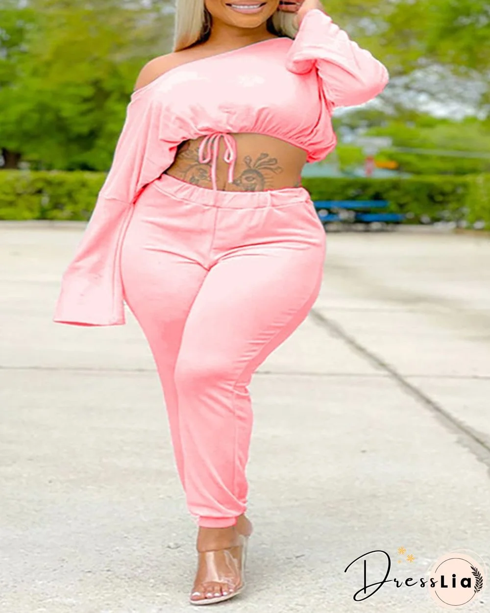 One Shoulder Bell Sleeve Crop Top & Pants Set