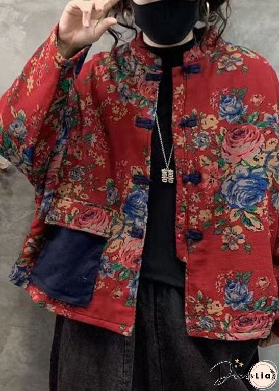 Red Print Thick Fine Cotton Filled Coats Stand Collar Oriental Button Winter