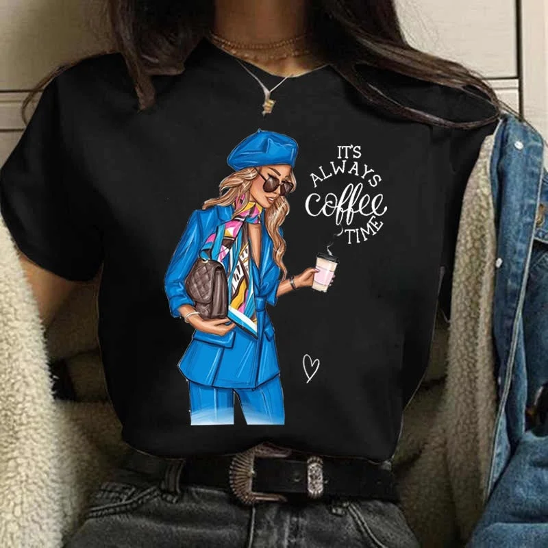 Coffee Girl Casual Women's T-shirt New Black Girl's Top Round Neck Y2K Harajuku 90S Fashion Short Sleeve Clothes,Drop Ship