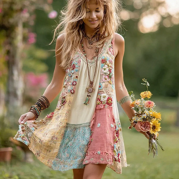 Women's Retro Floral Stitching Cotton And Linen Sleeveless Short Dress