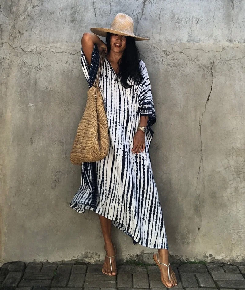 Fitshinling Halo Dyeing Vintage Beach Long Dress Women V Neck Oversize Robe Side Split Loose Kaftan Holiday Boho Maxi Dresses