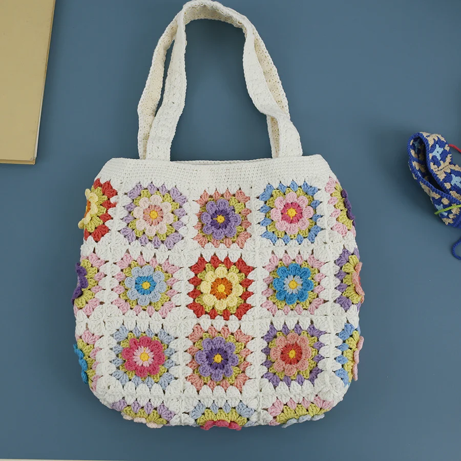 Crochet Granny Square Bag Floral Stitching Wool Bag