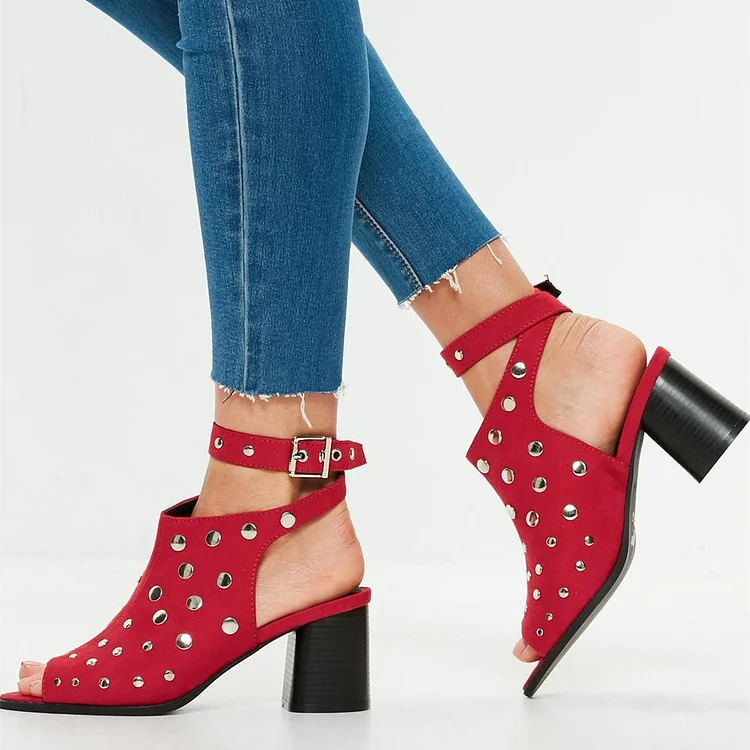 Red Studs Ankle Strap Block Heel Slingback Summer Booties for Women |FSJ Shoes